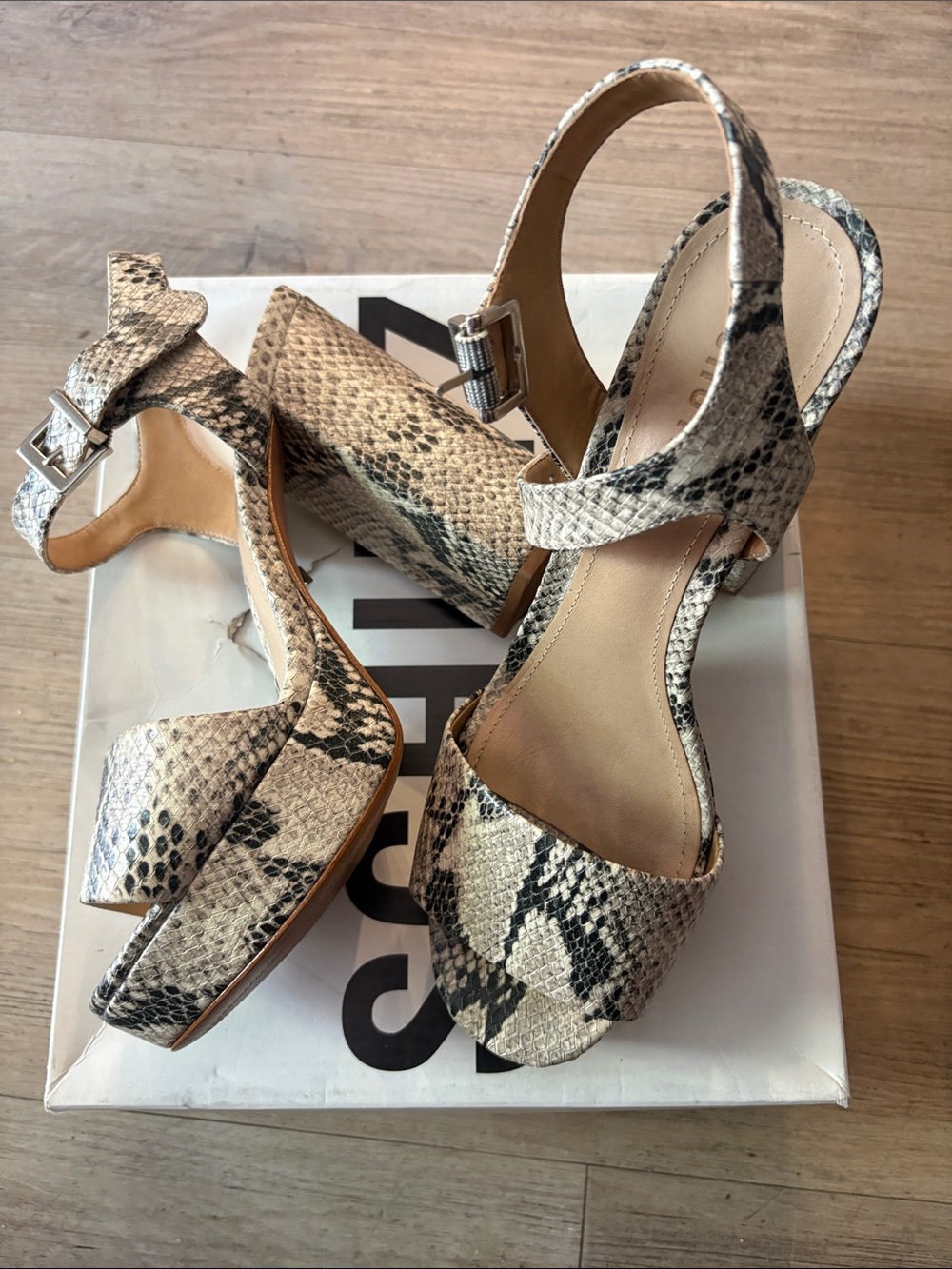 SCHUTZ Snake-Print Platform Heels in Beige and Black #88